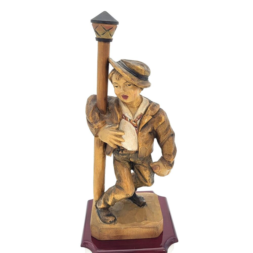 Vintage Wooden Carved Hobo Bum w/ Bottle Wood 9" Figure with Lamppost Folk Art